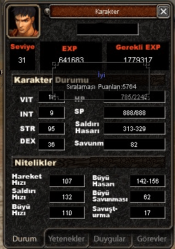 31 LVL BEDO. ATI 3 LVL. GÖREVLER BİTİK. SKİL KAYIP YOK. FULL STR STATÜ
