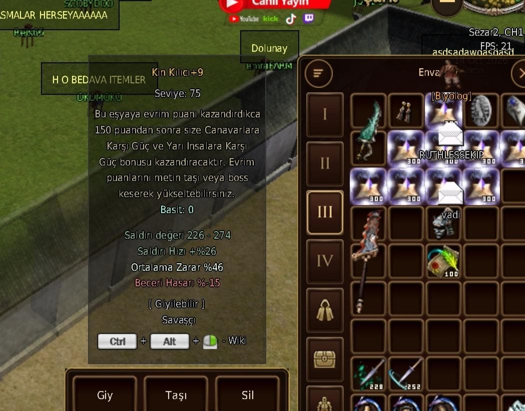 +9 Kin kılıcı isteğe göre Efsun la.