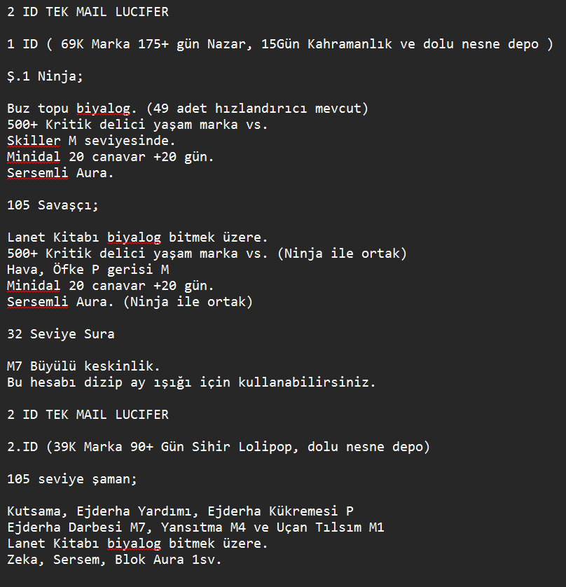 LUCIFER 6 HESAP - SAFIR 8 HESAP KAÇMAZ. TEK MAIL