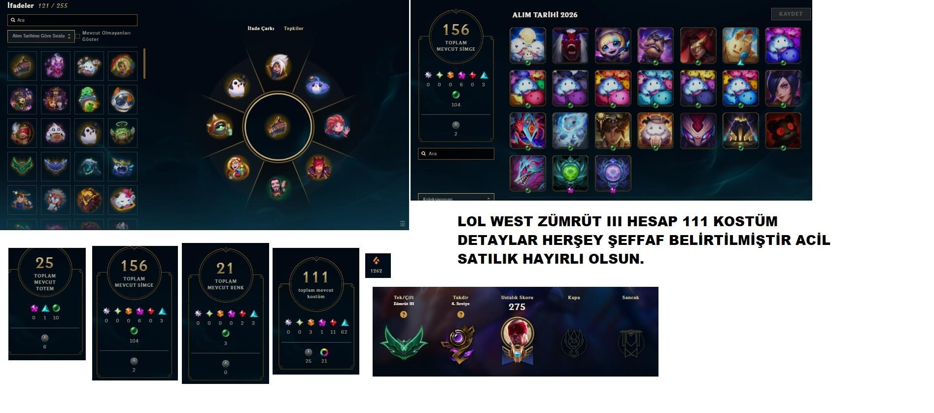 LOL HESAP ZÜMRÜT 3 BEDAVA FİYAT TEMİZ MAİN ÇARIM SATILIK acil west