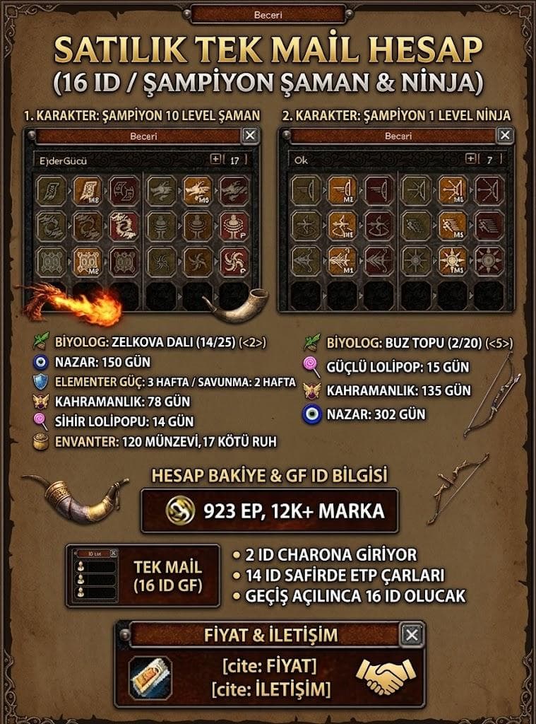 SATILIK TEK MAİL HESAP (16 ID / ŞAMPİYON ŞAMAN & NİNJA)