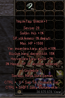 10 YARI 15 BÜYÜ 1500HP 3 ABSORBE BİLEZİK