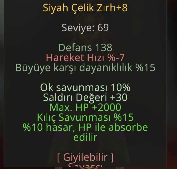 Siyah Çelik Zırh +8 - 4 Taşlı