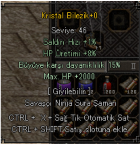 +6 KRİSTAL BİLEZİK 2K HP 15 BÜYÜ ELİT EFSUNLU