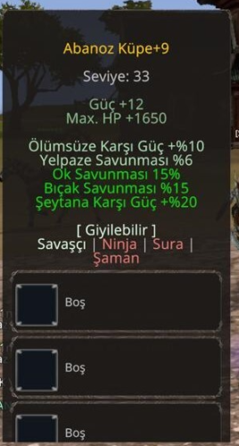 +9 ABANOZ 20 ŞEYTAN 15 OK 10 ÖLÜMSÜZ 15 BIÇAK
